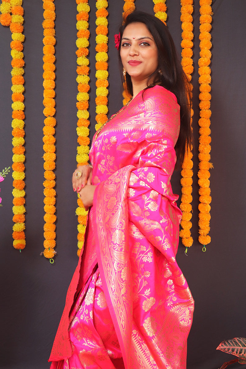 Monjolika Fashion Rani Pink Silk Blend Banarasi Saree With Zari Weaving