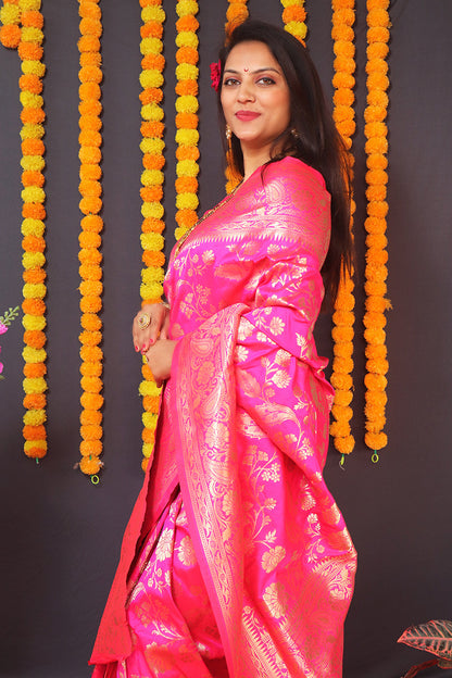 Monjolika Fashion Rani Pink Silk Blend Banarasi Saree With Zari Weaving
