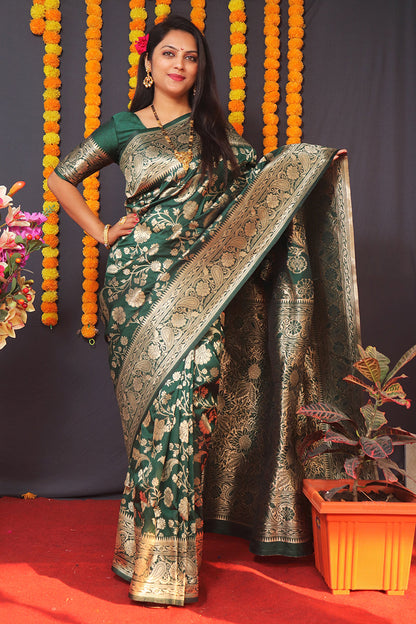Monjolika Fashion Dark Green Silk Blend Banarasi Saree With Zari Weaving
