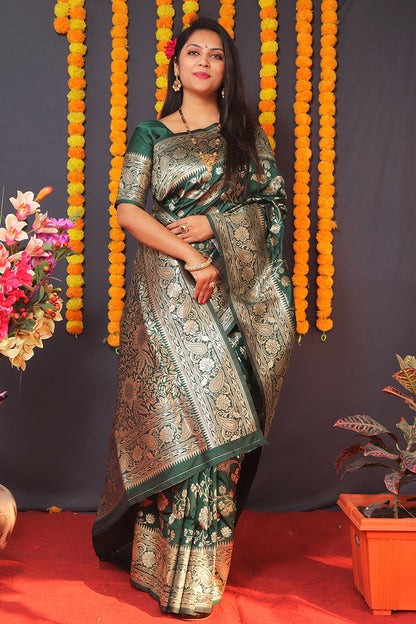 Monjolika Fashion Dark Green Silk Blend Banarasi Saree With Zari Weaving