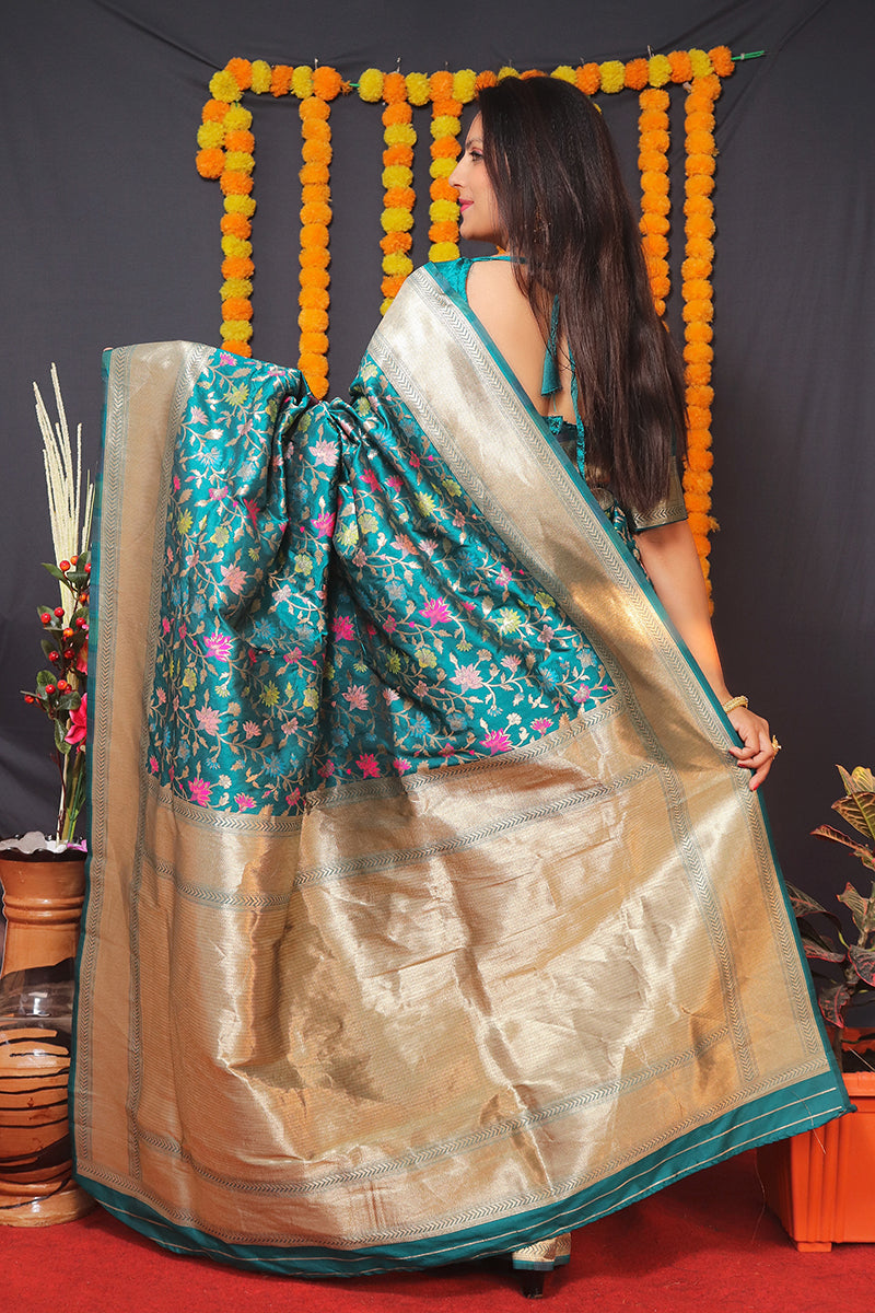 Monjolika Fashion Teal Blue Banarasi Silk Blend Saree With Floral Jaal & Zari Border