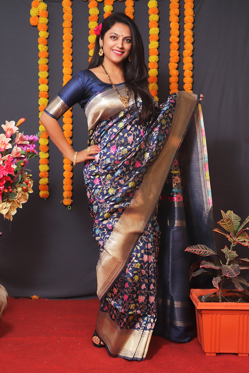 Monjolika Fashion Navy Blue Banarasi Silk Blend Saree With Floral Jaal & Zari Border