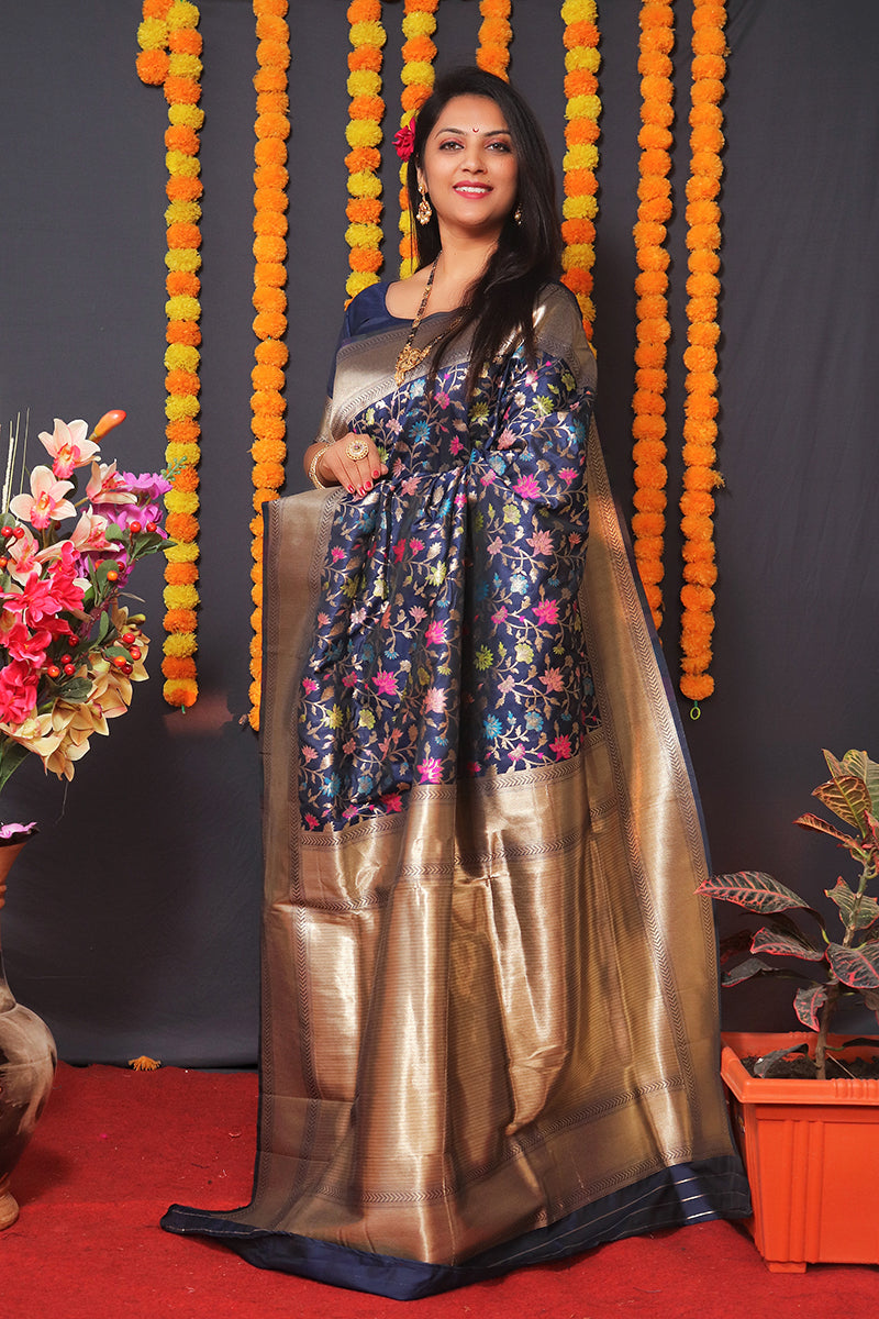 Monjolika Fashion Navy Blue Banarasi Silk Blend Saree With Floral Jaal & Zari Border