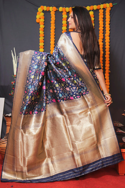 Monjolika Fashion Navy Blue Banarasi Silk Blend Saree With Floral Jaal & Zari Border