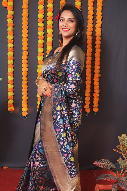 Monjolika Fashion Navy Blue Banarasi Silk Blend Saree With Floral Jaal & Zari Border