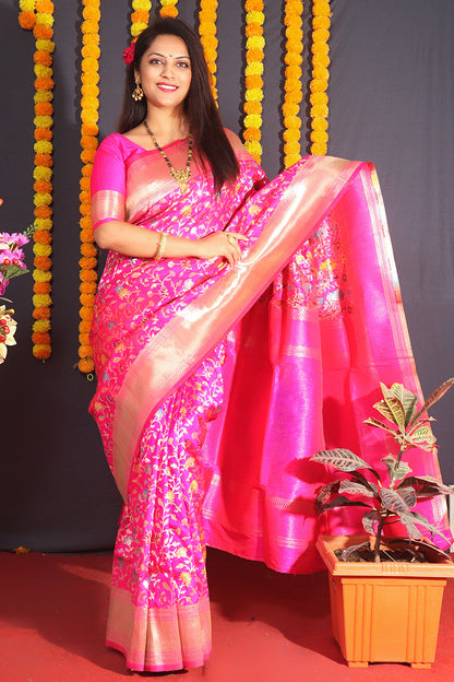 Monjolika Fashion Rani Pink Banarasi Silk Blend Saree With Floral Jaal & Zari Border