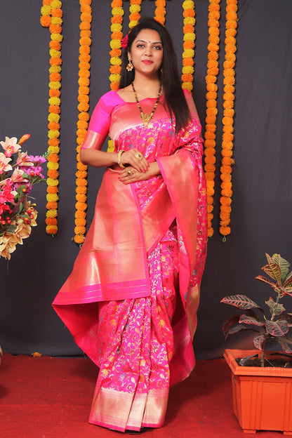 Monjolika Fashion Rani Pink Banarasi Silk Blend Saree With Floral Jaal & Zari Border