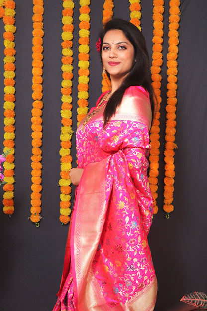 Monjolika Fashion Rani Pink Banarasi Silk Blend Saree With Floral Jaal & Zari Border