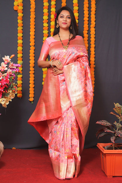 Monjolika Fashion Light Pink Banarasi Silk Blend Saree With Floral Jaal & Zari Border