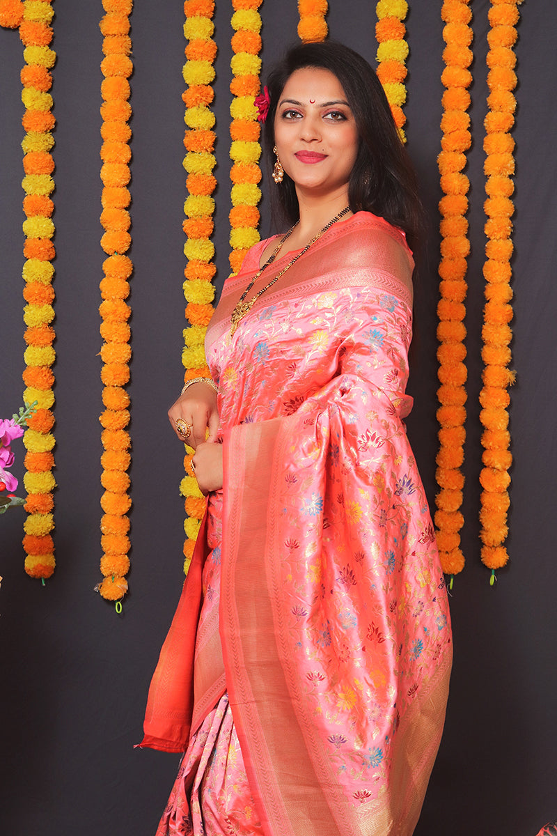 Monjolika Fashion Light Pink Banarasi Silk Blend Saree With Floral Jaal & Zari Border