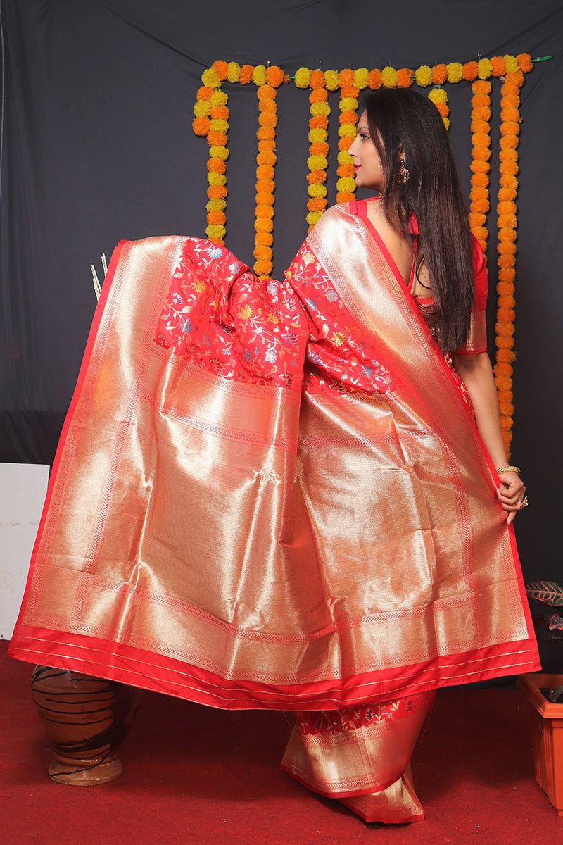 Monjolika Fashion Red Banarasi Silk Blend Saree With Floral Jaal & Zari Border