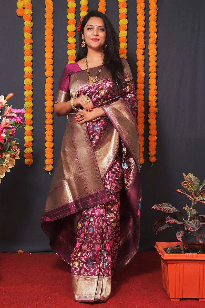 Monjolika Fashion Wine Banarasi Silk Blend Saree With Floral Jaal & Zari Border