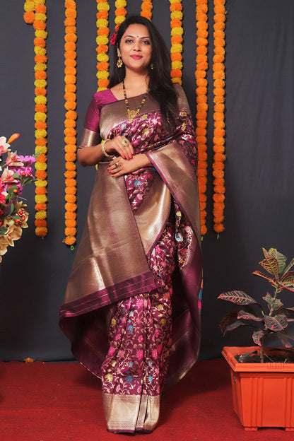 Monjolika Fashion Wine Banarasi Silk Blend Saree With Floral Jaal & Zari Border