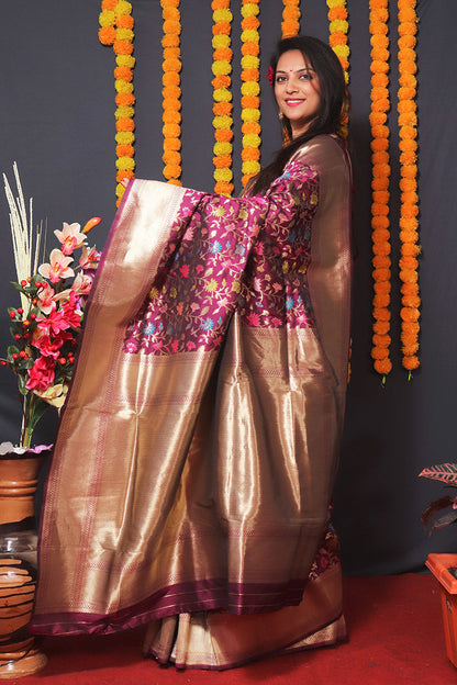 Monjolika Fashion Wine Banarasi Silk Blend Saree With Floral Jaal & Zari Border