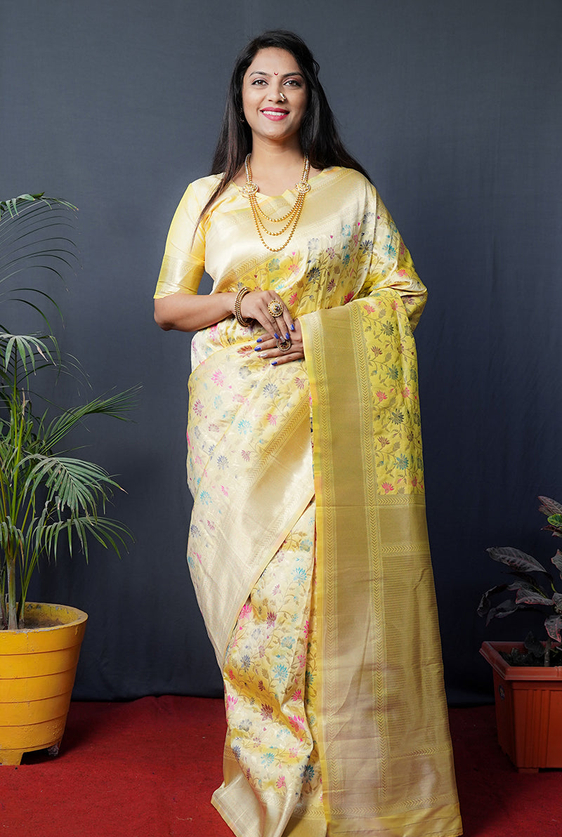 Monjolika Fashion Lemon Yellow Banarasi Silk Blend Saree With Floral Jaal & Zari Border