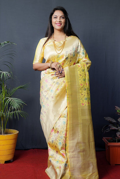 Monjolika Fashion Lemon Yellow Banarasi Silk Blend Saree With Floral Jaal & Zari Border