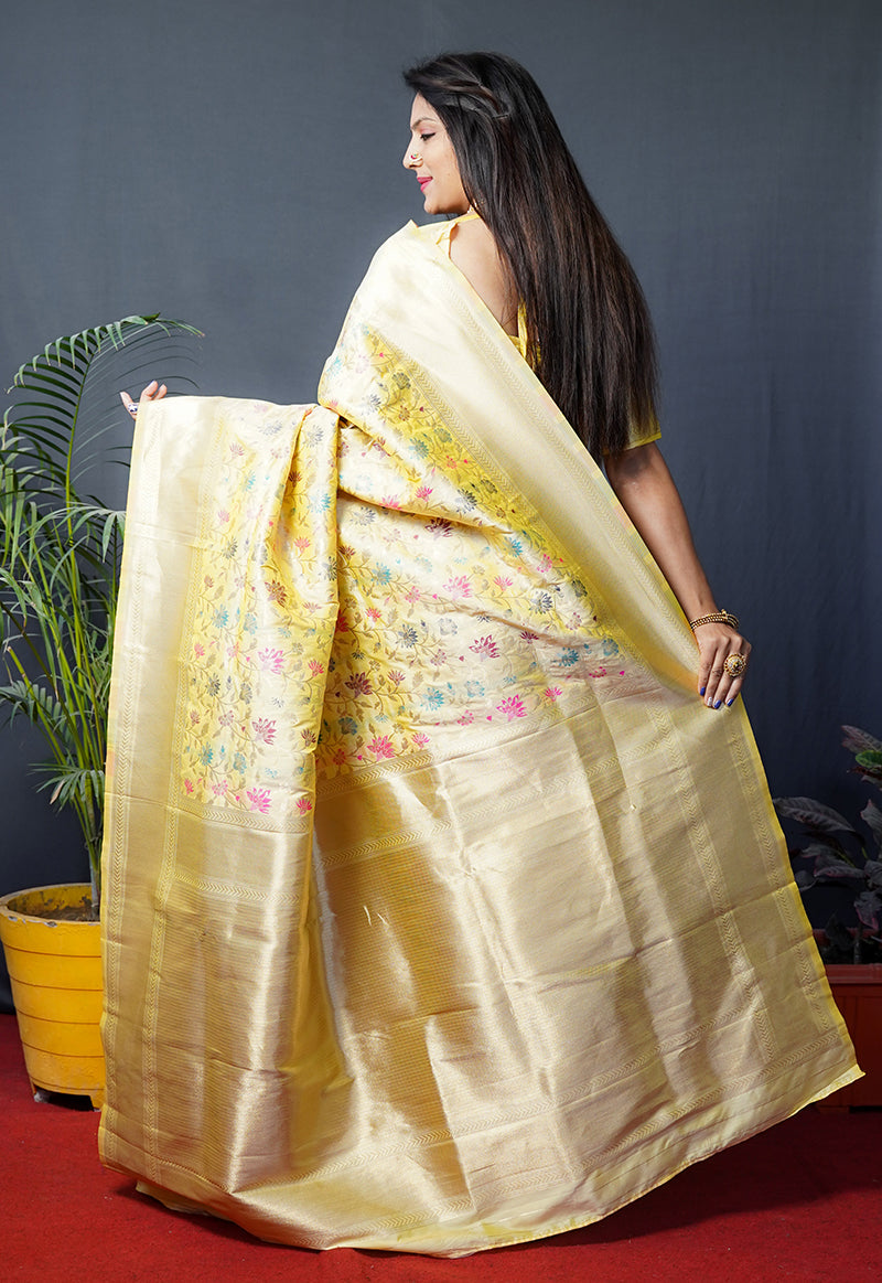 Monjolika Fashion Lemon Yellow Banarasi Silk Blend Saree With Floral Jaal & Zari Border