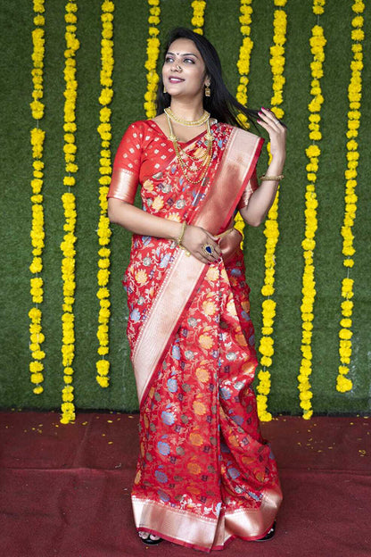 Monjolika Fashion Red Silk Blend Banarasi Zari Woven Saree With Blouse