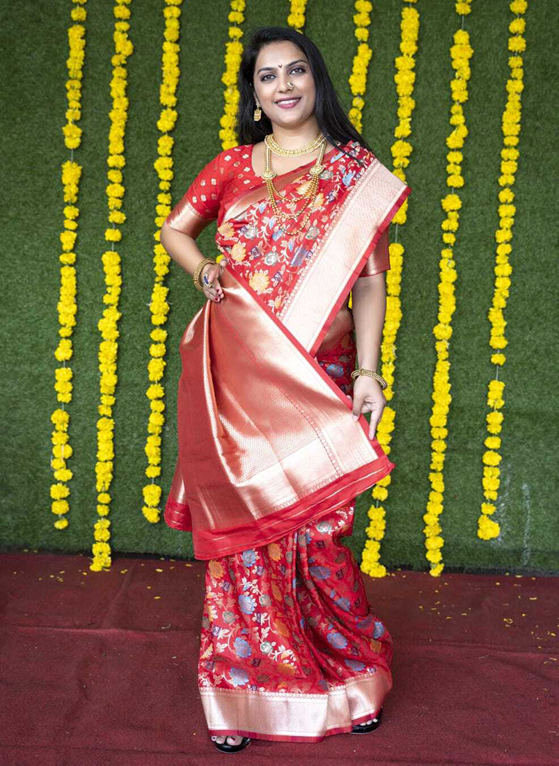 Monjolika Fashion Red Silk Blend Banarasi Zari Woven Saree With Blouse