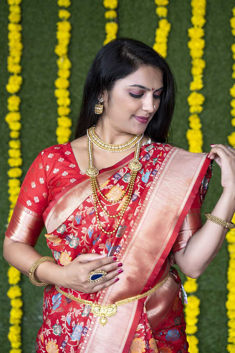 Monjolika Fashion Red Silk Blend Banarasi Zari Woven Saree With Blouse