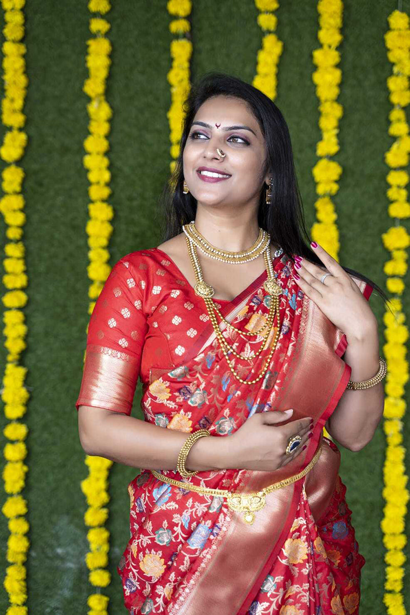 Monjolika Fashion Red Silk Blend Banarasi Zari Woven Saree With Blouse