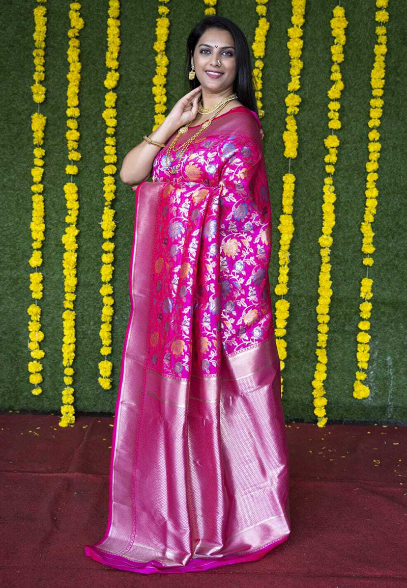 Monjolika Fashion Rani Pink Silk Blend Banarasi Zari Woven Saree With Blouse