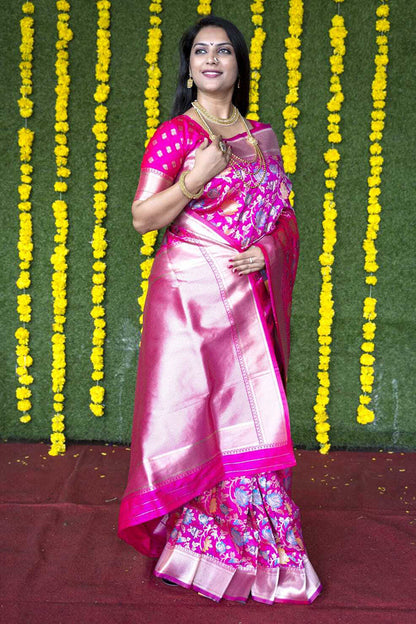 Monjolika Fashion Rani Pink Silk Blend Banarasi Zari Woven Saree With Blouse