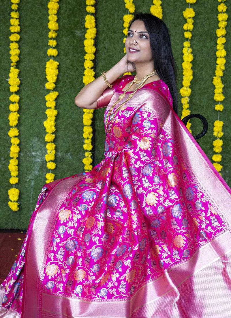 Monjolika Fashion Rani Pink Silk Blend Banarasi Zari Woven Saree With Blouse