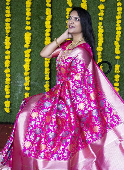 Monjolika Fashion Rani Pink Silk Blend Banarasi Zari Woven Saree With Blouse