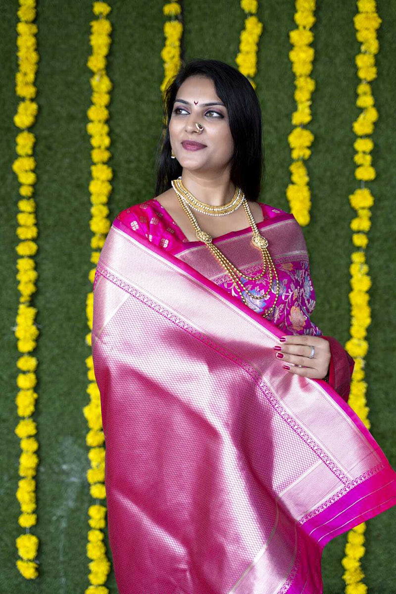 Monjolika Fashion Rani Pink Silk Blend Banarasi Zari Woven Saree With Blouse