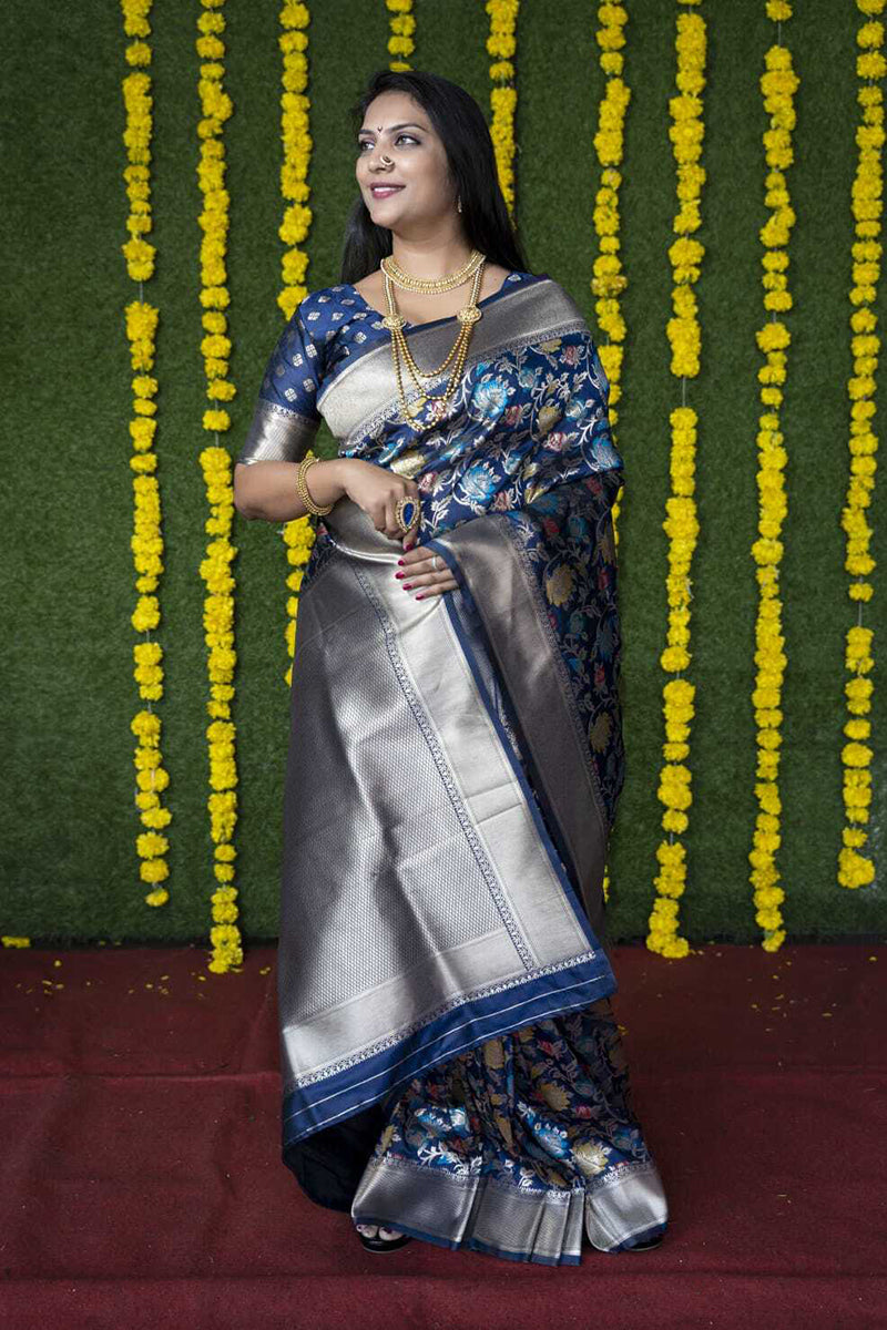 Monjolika Fashion Navy Blue Silk Blend Banarasi Zari Woven Saree With Blouse