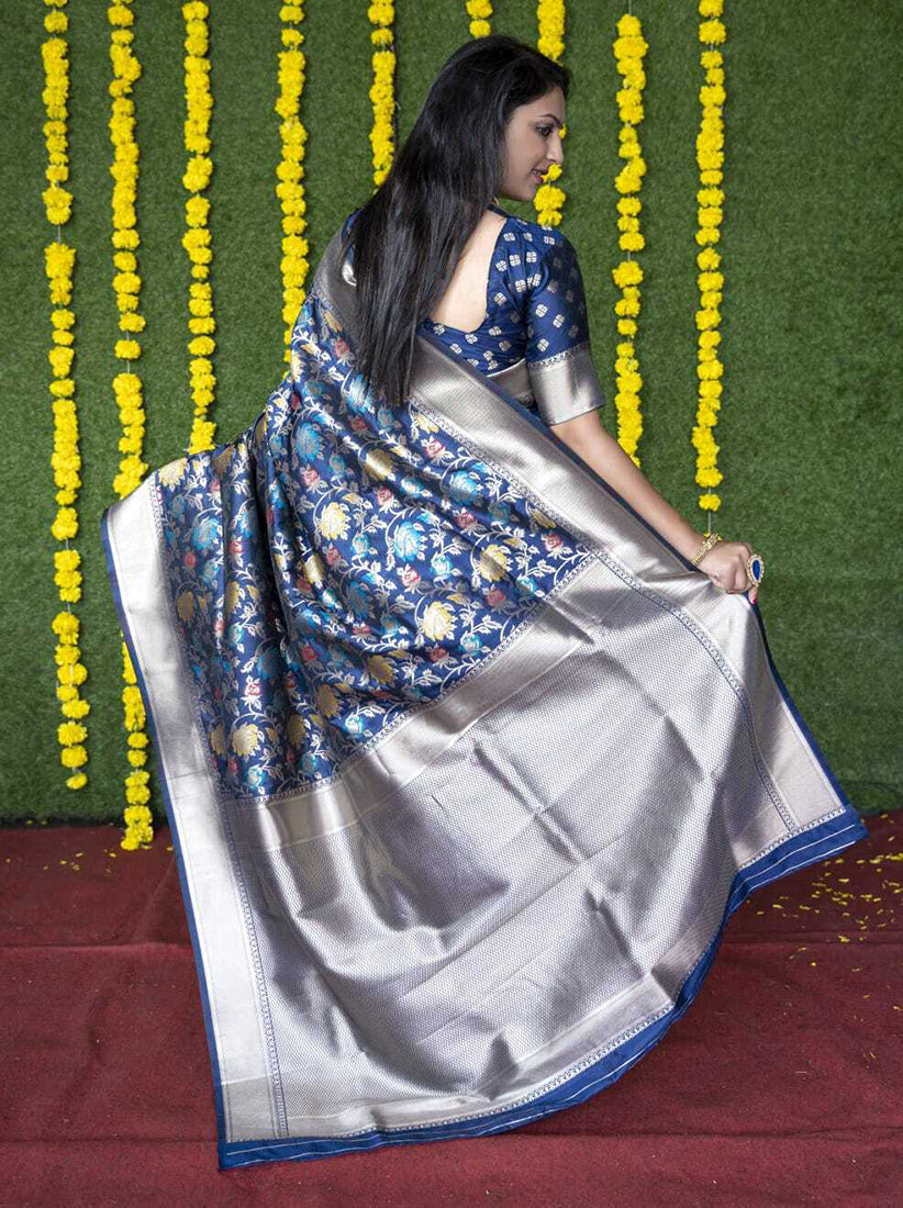 Monjolika Fashion Navy Blue Silk Blend Banarasi Zari Woven Saree With Blouse