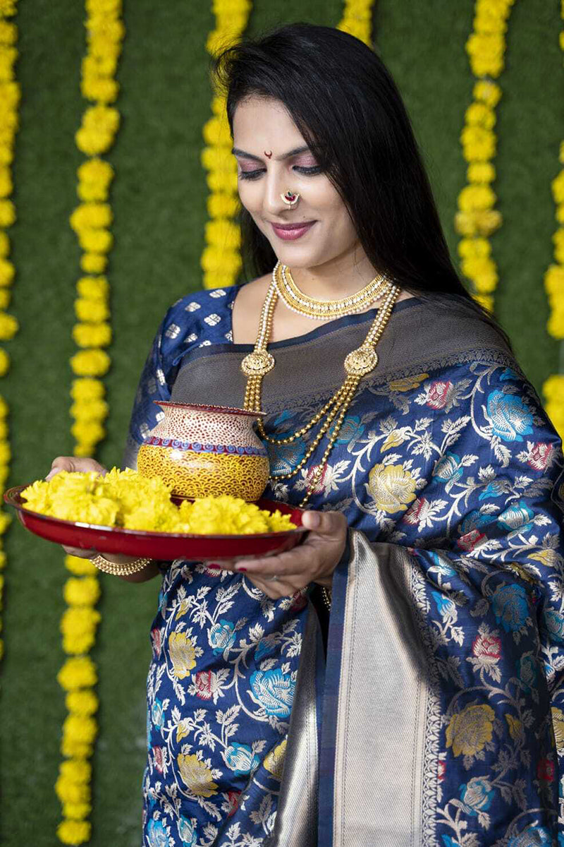Monjolika Fashion Navy Blue Silk Blend Banarasi Zari Woven Saree With Blouse