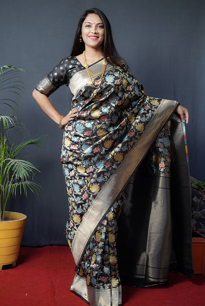 Monjolika Fashion Black Silk Blend Banarasi Zari Woven Saree With Blouse