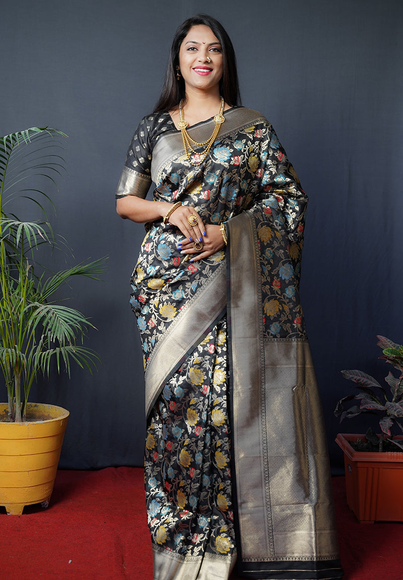 Monjolika Fashion Black Silk Blend Banarasi Zari Woven Saree With Blouse