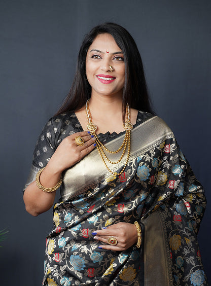Monjolika Fashion Black Silk Blend Banarasi Zari Woven Saree With Blouse