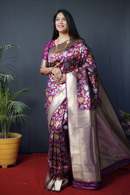 Monjolika Fashion Magenta Purple Silk Blend Banarasi Zari Woven Saree With Blouse