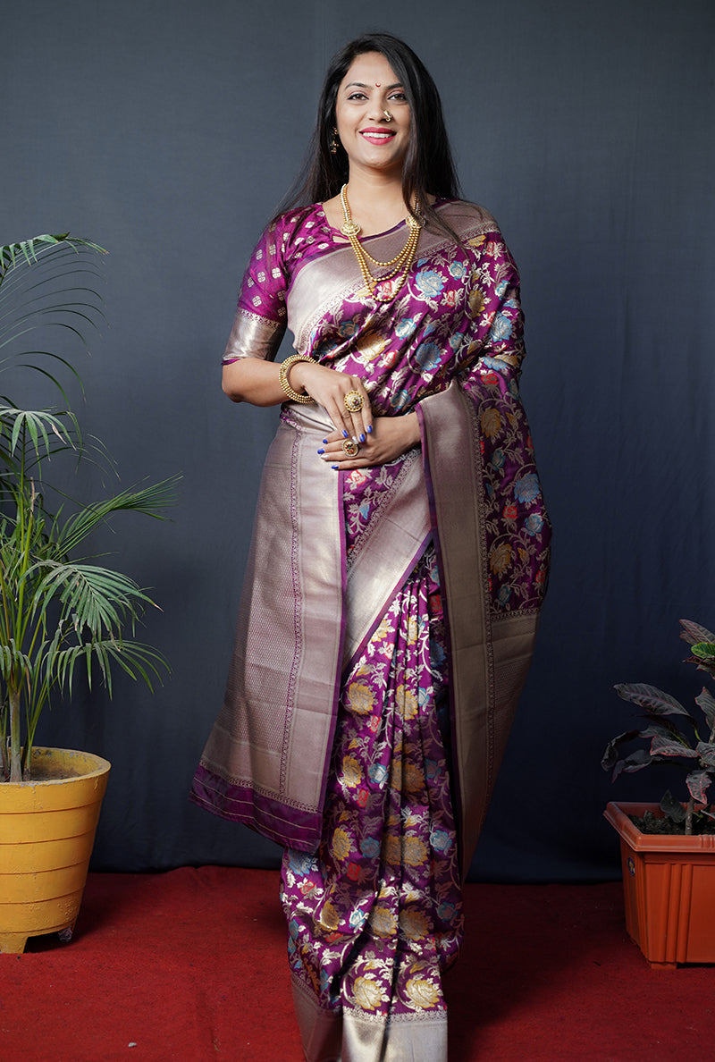 Monjolika Fashion Magenta Purple Silk Blend Banarasi Zari Woven Saree With Blouse