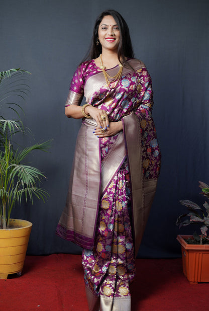 Monjolika Fashion Magenta Purple Silk Blend Banarasi Zari Woven Saree With Blouse