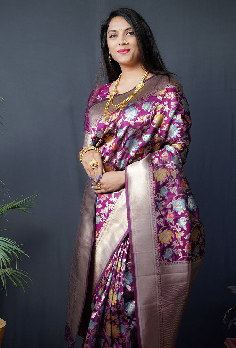 Monjolika Fashion Magenta Purple Silk Blend Banarasi Zari Woven Saree With Blouse