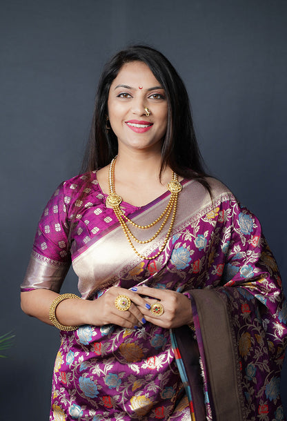 Monjolika Fashion Magenta Purple Silk Blend Banarasi Zari Woven Saree With Blouse