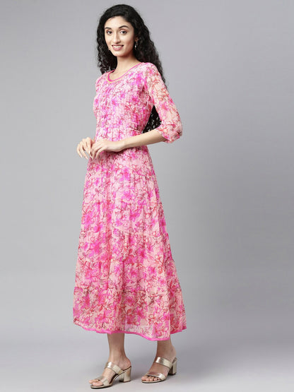 Souchii Pink & peaches n cream Floral Layered Chiffon Midi Dress