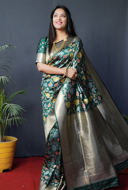 Monjolika Fashion Dark Green Silk Blend Banarasi Zari Woven Saree With Blouse