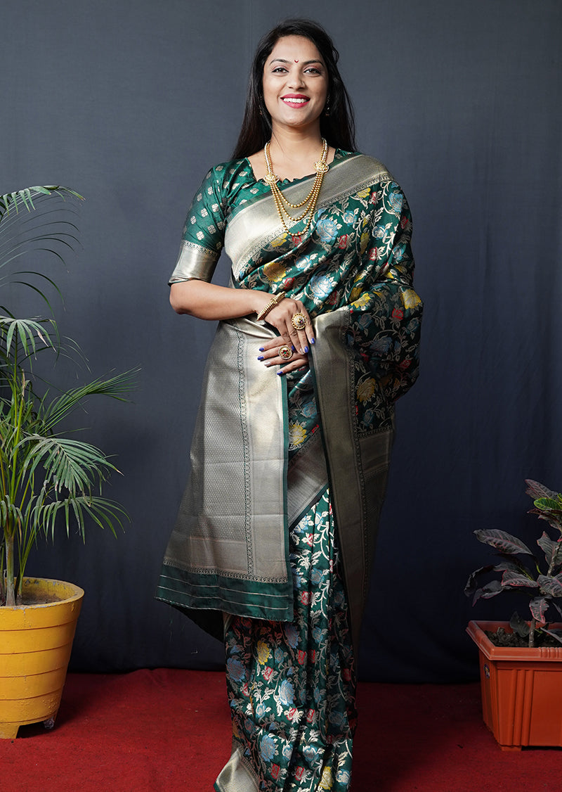 Monjolika Fashion Dark Green Silk Blend Banarasi Zari Woven Saree With Blouse