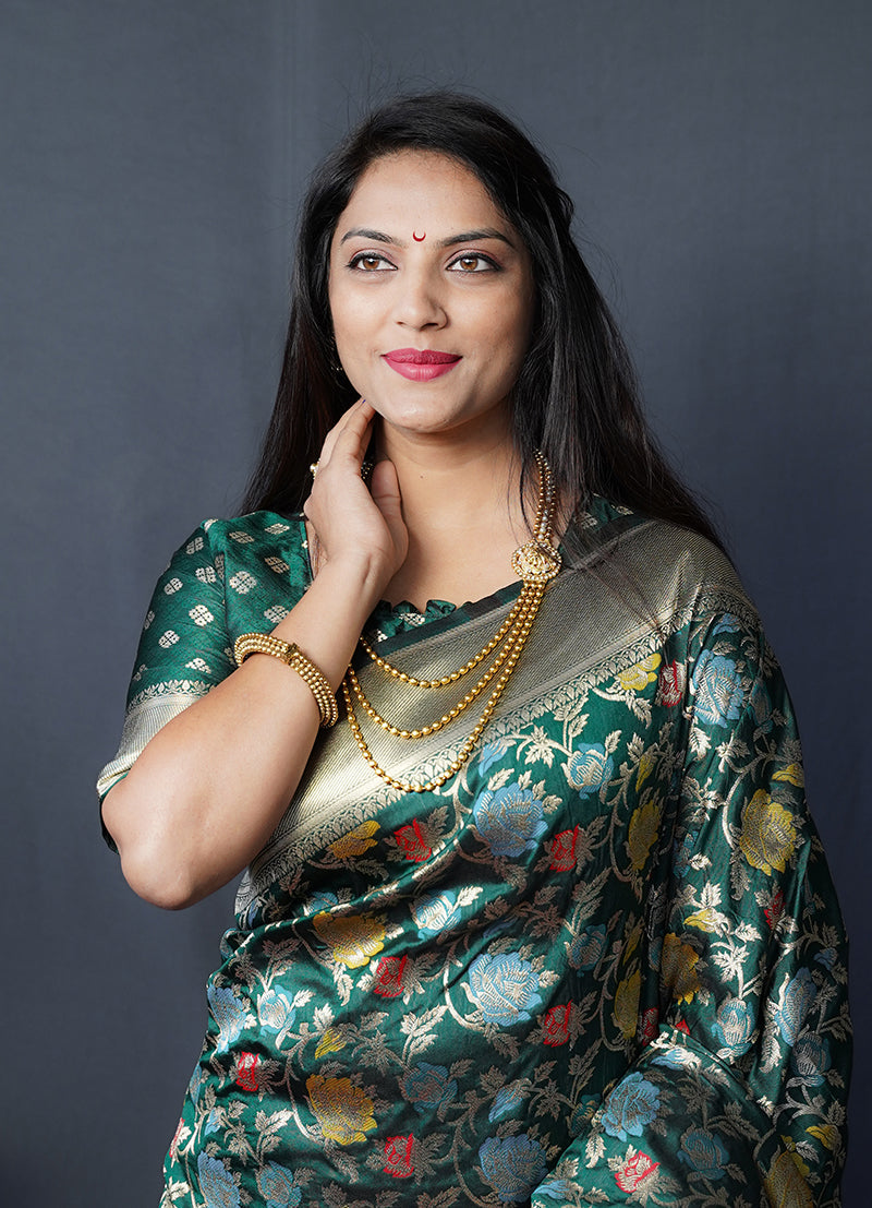 Monjolika Fashion Dark Green Silk Blend Banarasi Zari Woven Saree With Blouse