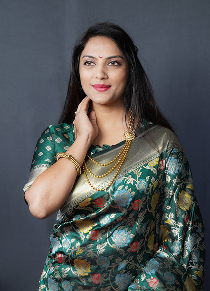 Monjolika Fashion Dark Green Silk Blend Banarasi Zari Woven Saree With Blouse