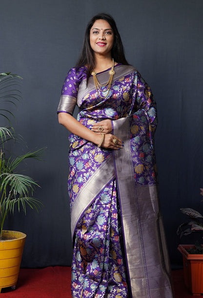Monjolika Fashion Purple Silk Blend Banarasi Zari Woven Saree With Blouse