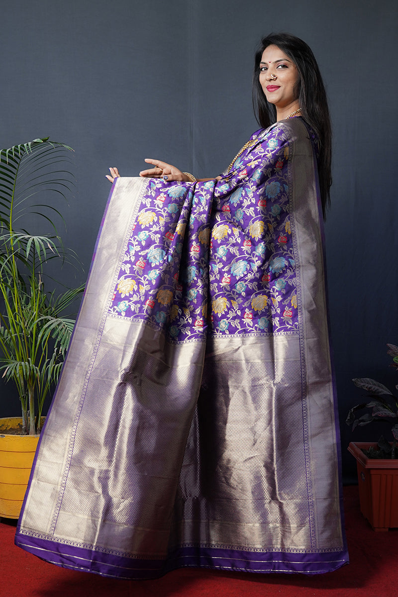 Monjolika Fashion Purple Silk Blend Banarasi Zari Woven Saree With Blouse