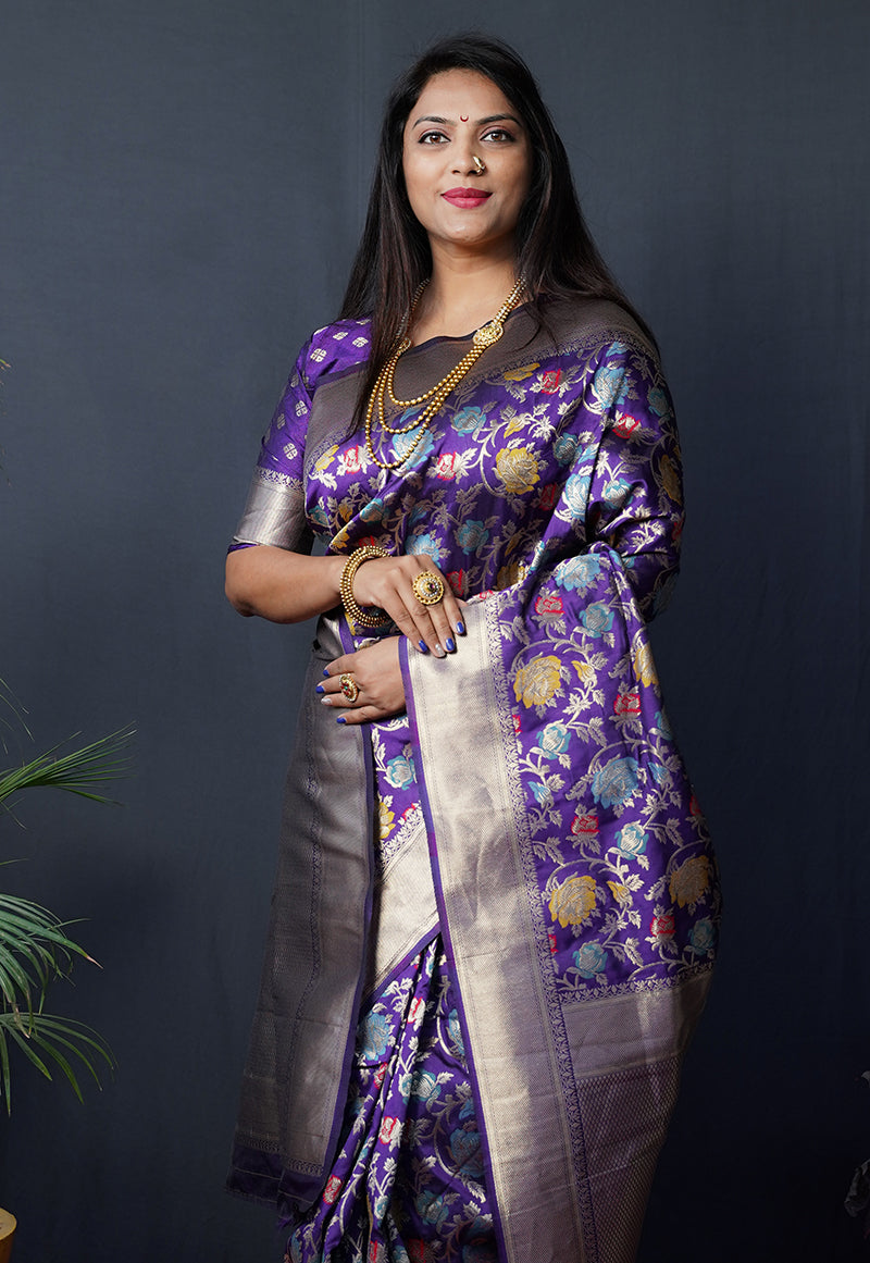 Monjolika Fashion Purple Silk Blend Banarasi Zari Woven Saree With Blouse