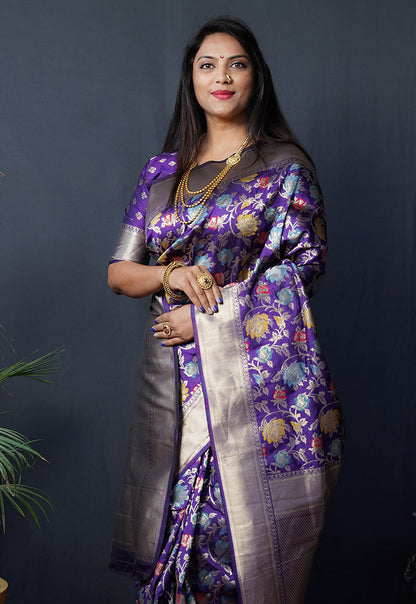 Monjolika Fashion Purple Silk Blend Banarasi Zari Woven Saree With Blouse